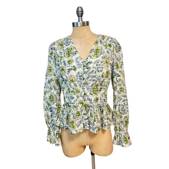 Seven For All Mankind Boho Blouse Green Eyelet Embroidered Floral XS - Picture 2 of 6